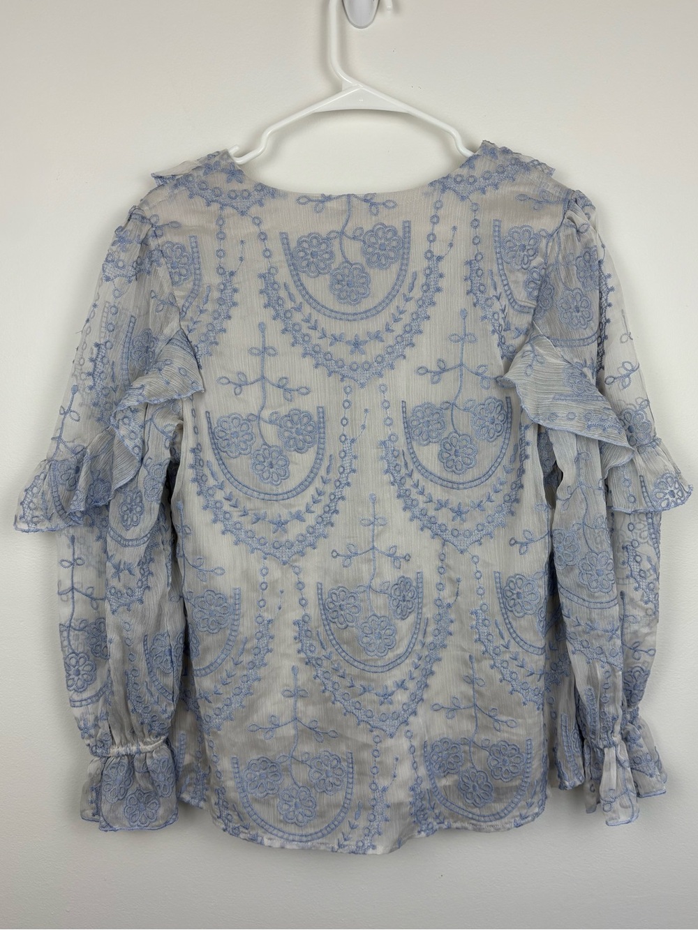 Fairycore Light Blue Ruffle V-Neck Embroidered Blouse Small Like New Dainty Whim - Picture 4 of 8